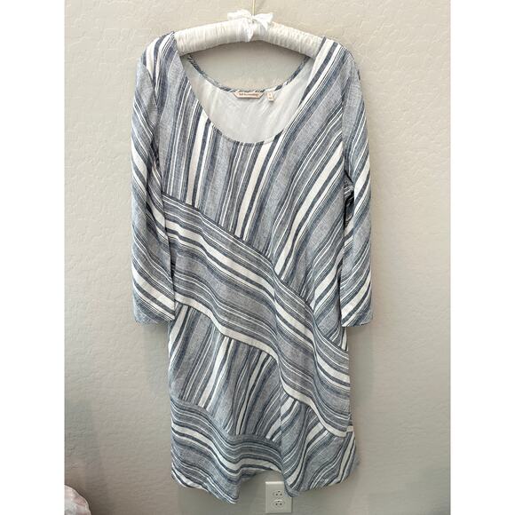 SOFT SURROUNDINGS Linen Blend Dress Blue White Striped Asymmetrical | Large - Picture 1 of 7